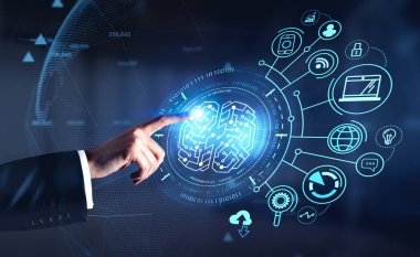 Businessman in formal suit is touching digital interface with figner. Virtual brain, globe, laptop, pie and bar diagram with padlock in the foreground. Concept of cyberspace and information security