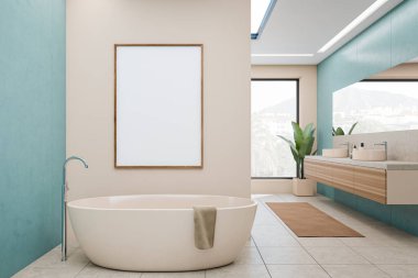 Front view on bright bathroom interior with empty white poster, bathtub, panoramic window with town view, large mirror and sinks, teal walls, houseplant, concrete tile floor. Mock up. 3d rendering