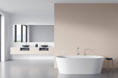 Front view on bright bathroom interior with bathtub, large mirror, sinks, panoramic window in reflection, white walls and concrete floor. 3d rendering