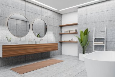 Corner view on bright bathroom interior with bathtub, two round mirrors and sinks, liquid soap, white walls, carpet, houseplant, shelf with towels, concrete tile floor. 3d rendering