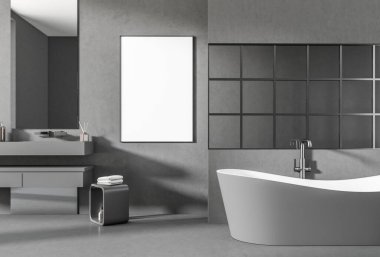 Grey bathing room interior with sink and mirror, front view, grey concrete floor. Stand with accessories. Mock up canvas frame. 3D rendering