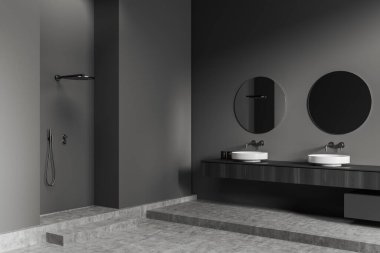 Dark bathroom interior with double sink and mirror, side view, shower on podium. Washing room corner on grey concrete floor, black wooden dresser. Mockup copy space, 3D rendering