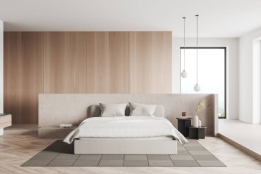 Wooden bedroom interior with bed and accent wall, nightstand with decoration, carpet on hardwood floor. Panoramic window on countryside view. 3D rendering