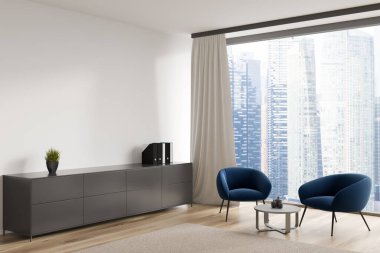 White relax room interior with two armchairs and documents on drawer, carpet on hardwood floor. Panoramic window on Singapore city view. Mockup blank wall. 3D rendering