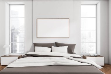 White bedroom interior, bed and nightstand with decoration, hardwood floor. Panoramic window with Singapore city view. Mock up canvas poster. 3D rendering