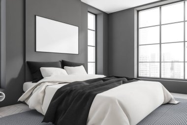 Dark hotel interior, bed with linens and pillow, side view, carpet on white hardwood floor. Panoramic window with city view. Mock up canvas poster. 3D rendering