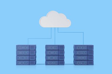 Server rack and storage of information in cyberspace. Big data flow processing and web cloud hosting. 3D rendering