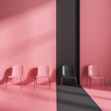 Chairs in a row, black chair stands out of pink. Concept of business, hiring and recruitment. 3D rendering