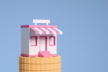 Small shop on light blue background, stack of gold coins. Concept of sale and discount. Online shopping business startup. Mockup copy space. 3D rendering