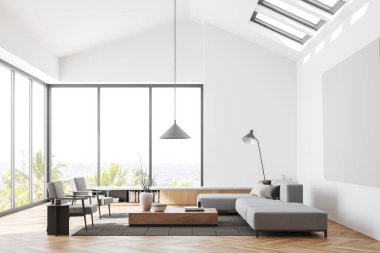 Open space relax room interior with two armchairs and sofa, coffee table and dresser with decoration, carpet on hardwood floor. Panoramic window on countryside. 3D rendering