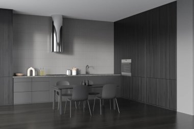Corner view on dark kitchen room interior with dining table, chairs, sink, gas cooker, oven, crockery, wooden floor, grey walls. Concept of minimalist design. Space for creative idea. 3d rendering