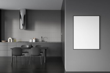 Dark kitchen interior with dining table and chairs on black hardwood floor. Hood and kitchenware with sink. Mockup poster before entrance, 3D rendering