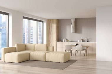 Wooden kitchen interior with chill zone, sofa and dining table with chairs on hardwood floor, side view. Panoramic window on Singapore city view. 3D rendering