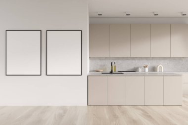 Front view on bright kitchen room interior with two empty white posters, cupboard, gas cooker, oil, oak wooden floor. Concept of minimalist design. Space for creative idea. Mock up. 3d rendering