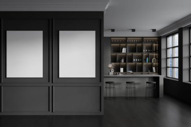 Front view on dark kitchen room interior with two empty white posters, panoramic window, cupboard, island, wooden floor. Concept of minimalist design. Space for creative idea. Mock up. 3d rendering