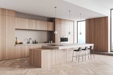 Wooden kitchen interior with bar chairs and countertop on hardwood floor, side view. Modern dining space in apartment, panoramic window on countryside. 3D rendering