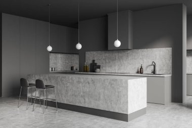 Dark cooking interior with bar chairs and countertop on grey concrete floor, side view, sink with kitchenware. Modern kitchen with stylish appliances. 3D rendering
