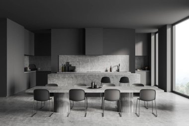 Grey kitchen interior with chairs and dining table, grey concrete floor. Cooking room with countertop and kitchenware, open space with panoramic window with countryside. 3D rendering