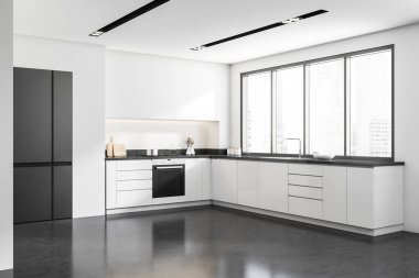 Black and white kitchen interior with fridge, sink and kitchenware. Cooking space side view with panoramic window on city view, grey concrete floor. 3D rendering
