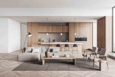 Wooden kitchen interior with sofa and armchairs, coffee table and dining island with bar chairs, hardwood floor. Stylish relax zone and cooking space, window. 3D rendering