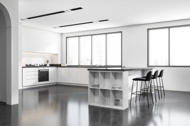 Corner view on bright kitchen room interior with island with barstools, panoramic window, sink, crockery, concrete floor, white walls. Concept of minimalist design. Space for creative idea. 3d rendering