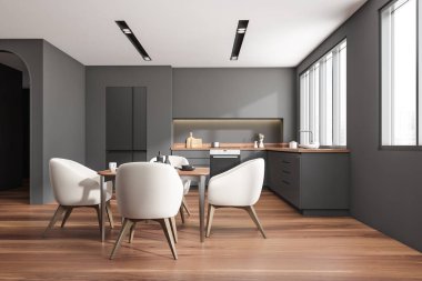 Front view on dark kitchen room interior with dining table with armchairs, panoramic window, sink, wooden floor, grey walls. Concept of minimalist design. Space for creative idea. 3d rendering