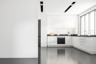 Bright kitchen room interior with empty white wall, panoramic window, sink, gas cooker, crockery, concrete floor. Concept of minimalist design. Space for creative idea. Mock up. 3d rendering