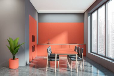 Front view on dark kitchen room interior with dining table with chairs, panoramic window, oven, concrete floor, red walls, plant. Concept of minimalist design. Space for creative idea. 3d rendering