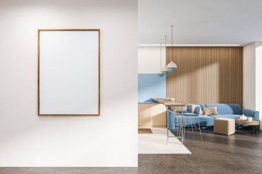 Light kitchen interior with sofa and bar chairs with countertop, tile and concrete floor. Coffee table with decoration, modern lounge zone. Mockup poster. 3D rendering