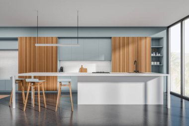 Parlak mutfak odasının önü panoramik pencere, dolap, lavabo, çanak çömlek, gaz ocağı, beton zemin, ada. Minimalist tasarım kavramı. Yaratıcı fikir için yer var. 3d oluşturma