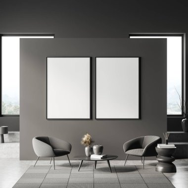 Dark relax interior with two armchairs and coffee table with art decoration, carpet on grey concrete floor. Window on countryside. Mock up blank poster on accent wall, 3D rendering