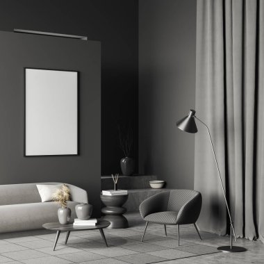Dark living room corner interior with sofa and armchair, coffee table and stand with art decoration, side view. Curtains and carpet on grey concrete floor. Mock up blank poster, 3D rendering