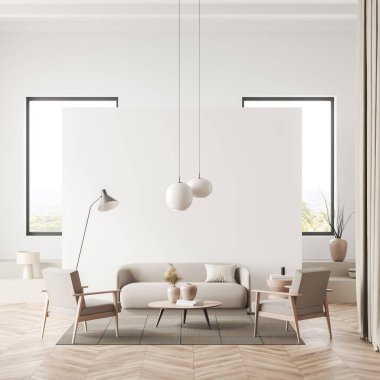 White living room interior with sofa and two armchairs, coffee table with art decoration, carpet on hardwood floor. Chill space with window on countryside. 3D rendering