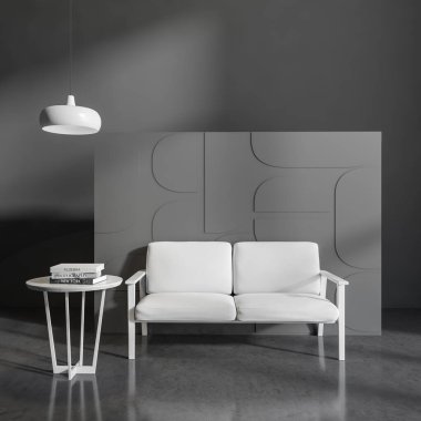 Dark lounge interior with white sofa and accent wall, coffee table with books on grey concrete floor. Minimalist chill space in modern apartment. 3D rendering