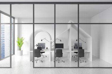 White business room interior with armchairs, computer desktop and laptop behind glass doors, concrete floor. Geometric design and panoramic window on Singapore city view. 3D rendering