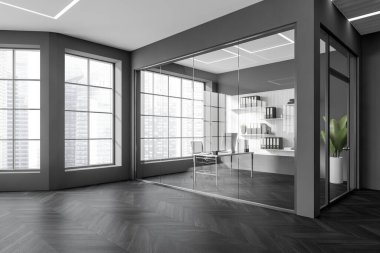 Dark office room interior with cabinet behind glass doors, pc computer on desk and shelf with business documents, side view, panoramic window on Singapore city view. 3D rendering