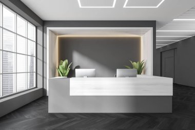 Dark reception room interior with two computers, business hall in company. Entrance with office desk and panoramic window on Singapore city view. 3D rendering