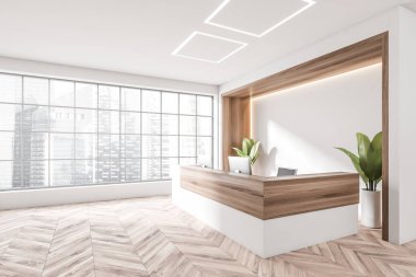 Masaüstleri, Singapur manzaralı panoramik pencereleri ve ahşap parke zemini olan parlak ofis resepsiyonunun köşesi. Çalışma süreci ve buluşma yeri kavramı. 3d oluşturma