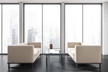 Front view on office room interior with two cozy sofas, panoramic windows with Singapore city skyscraper view and concrete floor. Concept of place for working process and meeting. 3d rendering