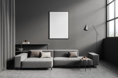 Dark living room interior with empty white poster, panoramic window, sofa, curtain, coffee table, concrete floor. Concept of minimalist design. Space for meeting and relaxation. Mock up. 3d rendering