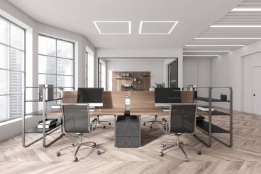 Front view on bright office interior with tables with desktops, panoramic windows with Singapore view and wooden hardwood floor. Concept of place for working process and coworking. 3d rendering