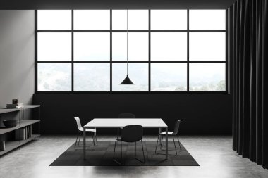 Side view on dark office room interior with meeting board, chairs, shelf with books, panoramic window and concrete floor. Concept of place for working process and important meetings. 3d rendering