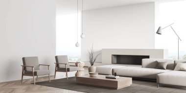 White lounge room interior with sofa and armchair, side view, coffee table with decoration, carpet on hardwood floor. Fireplace near panoramic window on countryside. 3D rendering