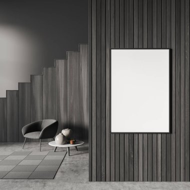 Dark relax room interior with armchair and coffee table, vase and candle decoration, carpet on grey concrete floor, staircase. Mock up blank poster, 3D rendering
