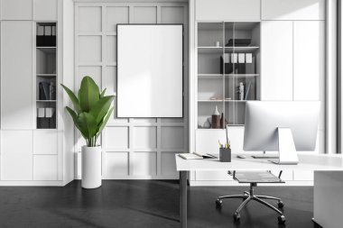 Front view on office room interior with empty white poster, desktop, shelves, plant, wardrobe and concrete floor. Concept of place for working process of director. Mock up. 3d rendering