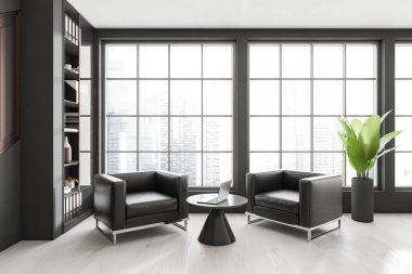 Side view on dark office room interior with two armchairs, laptop, panoramic window with Singapore city skyscraper view and concrete floor. Concept of place for working process, meeting. 3d rendering