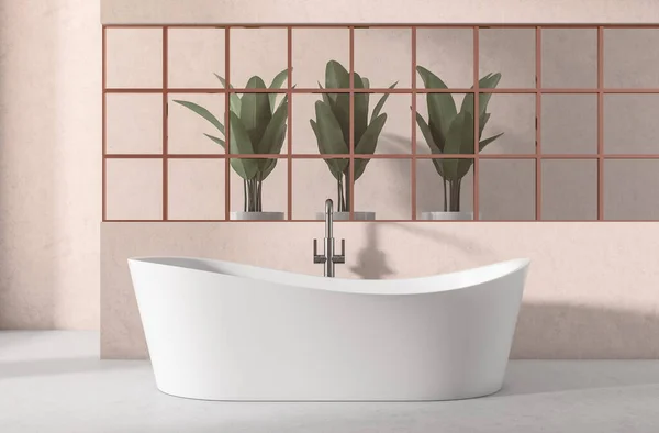 パーティション 緑の装飾の後ろに植物の浴槽と行を持つスタイリッシュな浴室のインテリア 灰色のコンクリートの床とホテルの洗濯室 3Dレンダリング — ストック写真