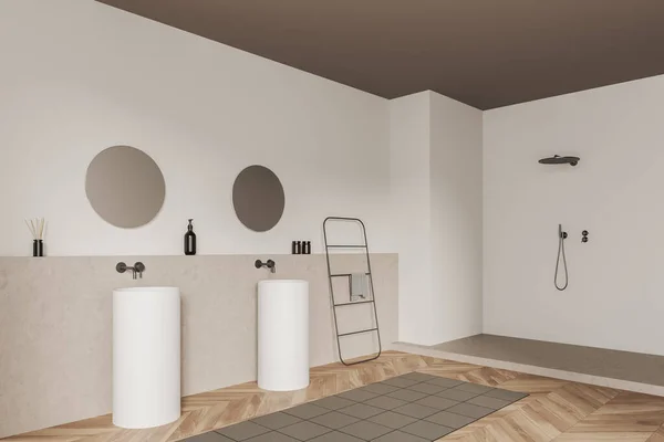 White Bathroom Interior Double Sink Side View Podium Shower Deck — Foto Stock