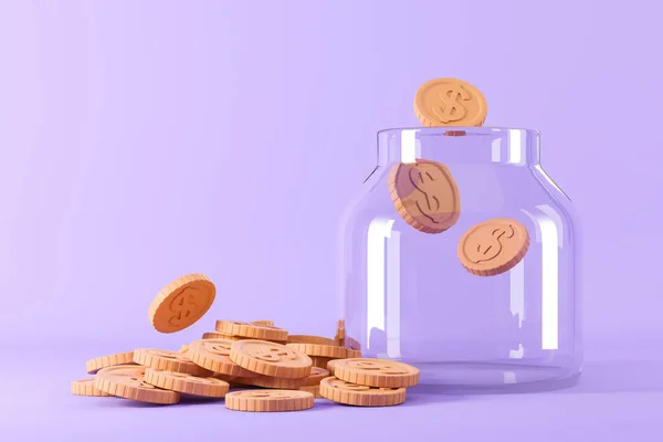 Transparent Glass Moneybox Gold Coins Purple Background Concept Savings Earning — Fotografia de Stock