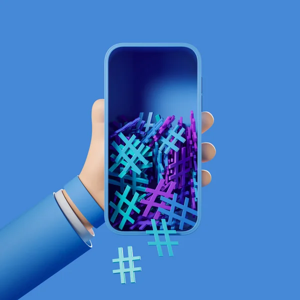 Cartoon Hand Hold Smartphone Falling Hashtag Blue Background Concept Social — Stock Fotó